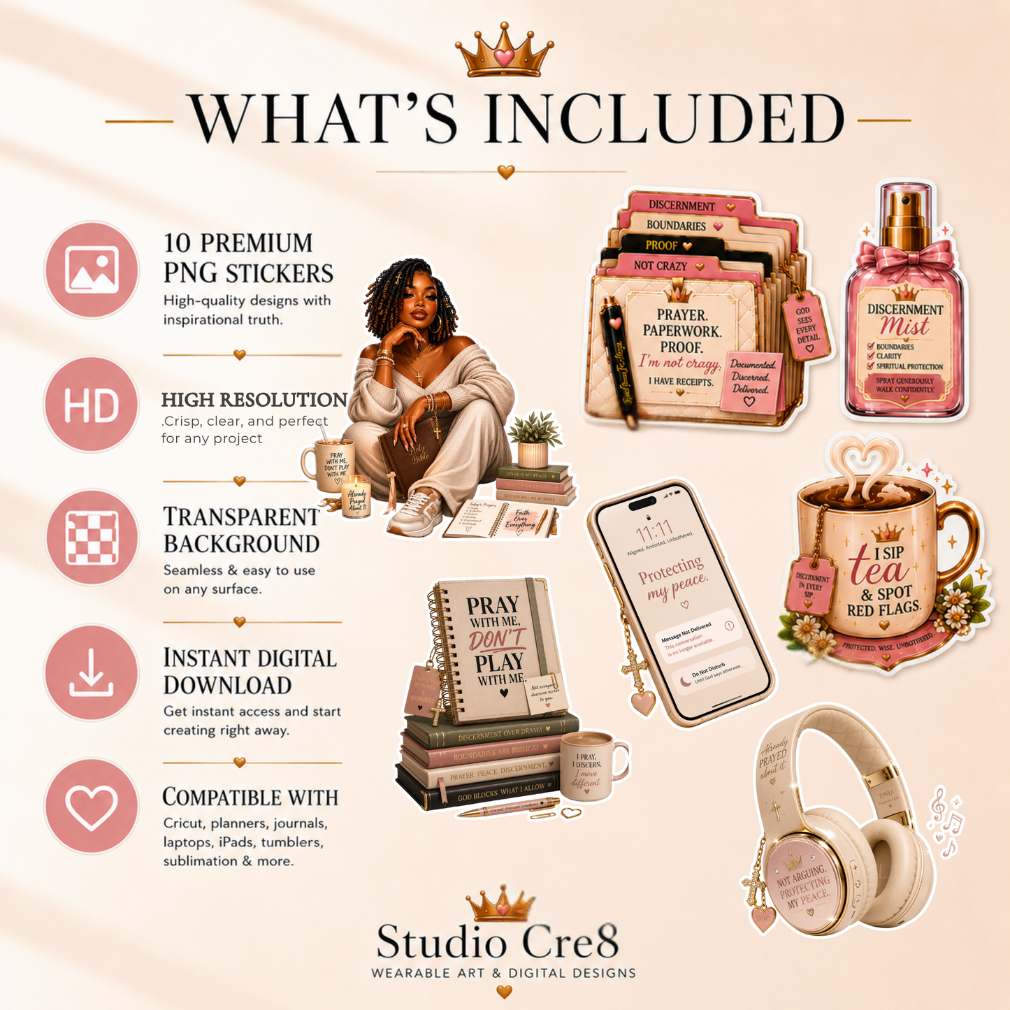 Promotional graphic of Studio Cre8 products including stickers, digital designs, and merchandise with a woman sitting and a phone.