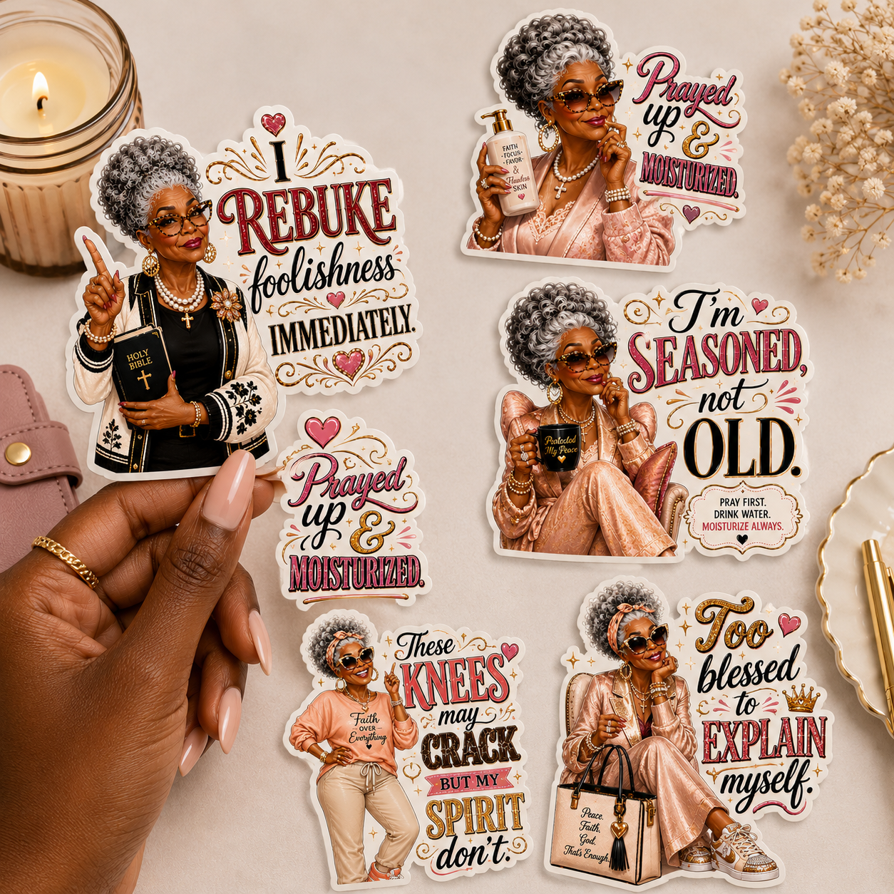 Set of stickers featuring a woman with various sayings on a neutral background.