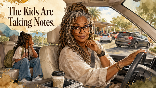 Illustrated Sunday Coffee Chats heroine sitting in an SUV during school drop-off, giving a knowing look while her tween granddaughter sits in the back seat and cars line up outside the school.