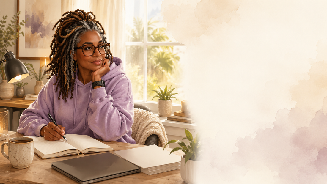 Stylish Black woman with locs and oversized glasses sitting in a cozy creative home studio with a journal, pen, coffee, and soft morning light.