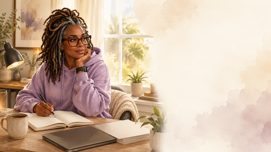 Stylish Black woman with locs and oversized glasses sitting in a cozy creative home studio with a journal, pen, coffee, and soft morning light.