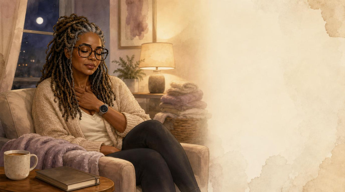 Stylish Black woman with locs and oversized glasses sitting in a quiet home at night, reflecting on caregiving, grief, and grace.