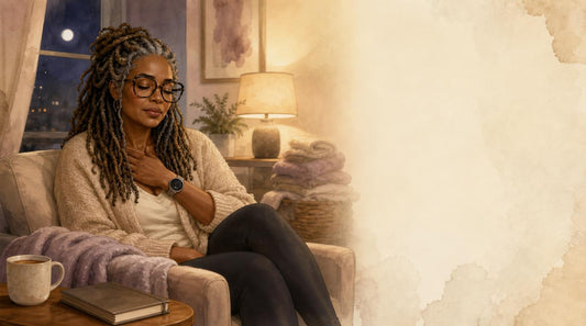 Stylish Black woman with locs and oversized glasses sitting in a quiet home at night, reflecting on caregiving, grief, and grace.