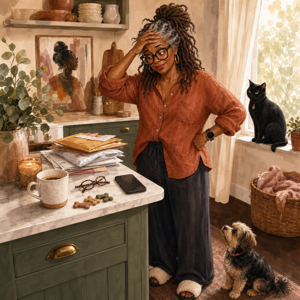 Black woman standing with hand on head, confused expression while staring at mail piled high on her counter