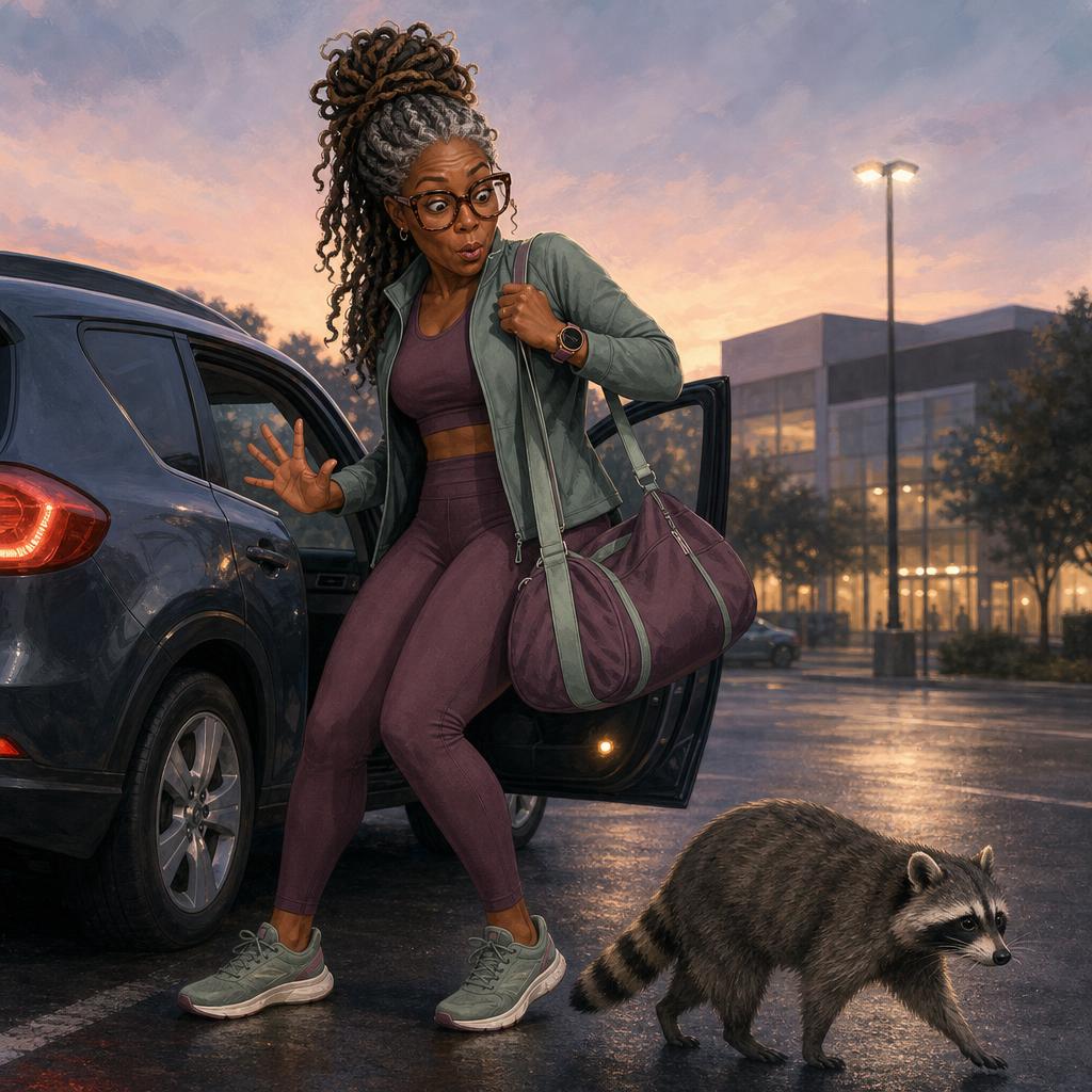 black woman in fitness gear, startled in a parking lot by a racoon