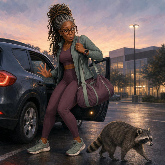black woman in fitness gear, startled in a parking lot by a racoon