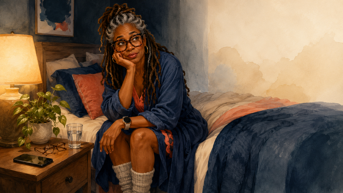 Black woman with locs and a blue robe sitting on the side of her bed, chin in her hand, face looking questioning