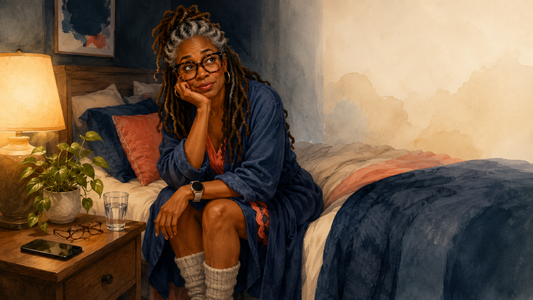 Black woman with locs and a blue robe sitting on the side of her bed, chin in her hand, face looking questioning