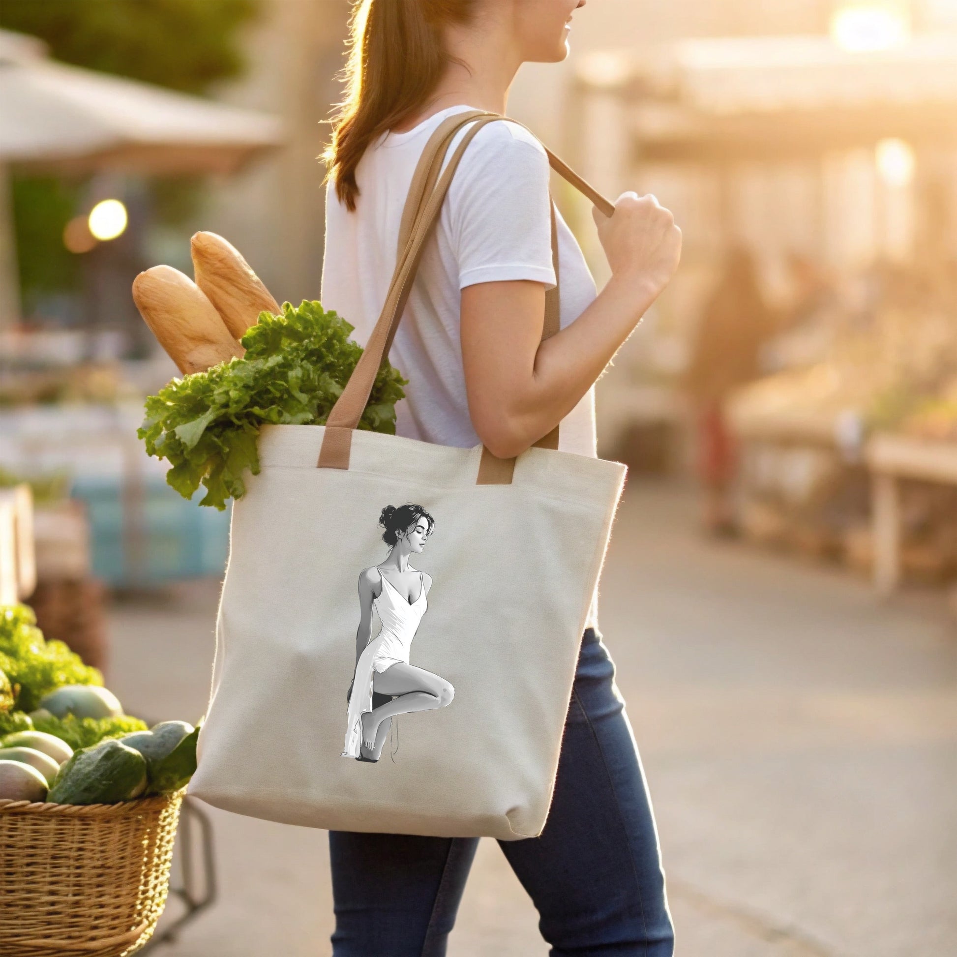 Canvas Tote Bag with Stylish Woman Illustration, Large Reusable Shopping Bag, Eco-Friendly Market Bag, Unique Shoulder Bag