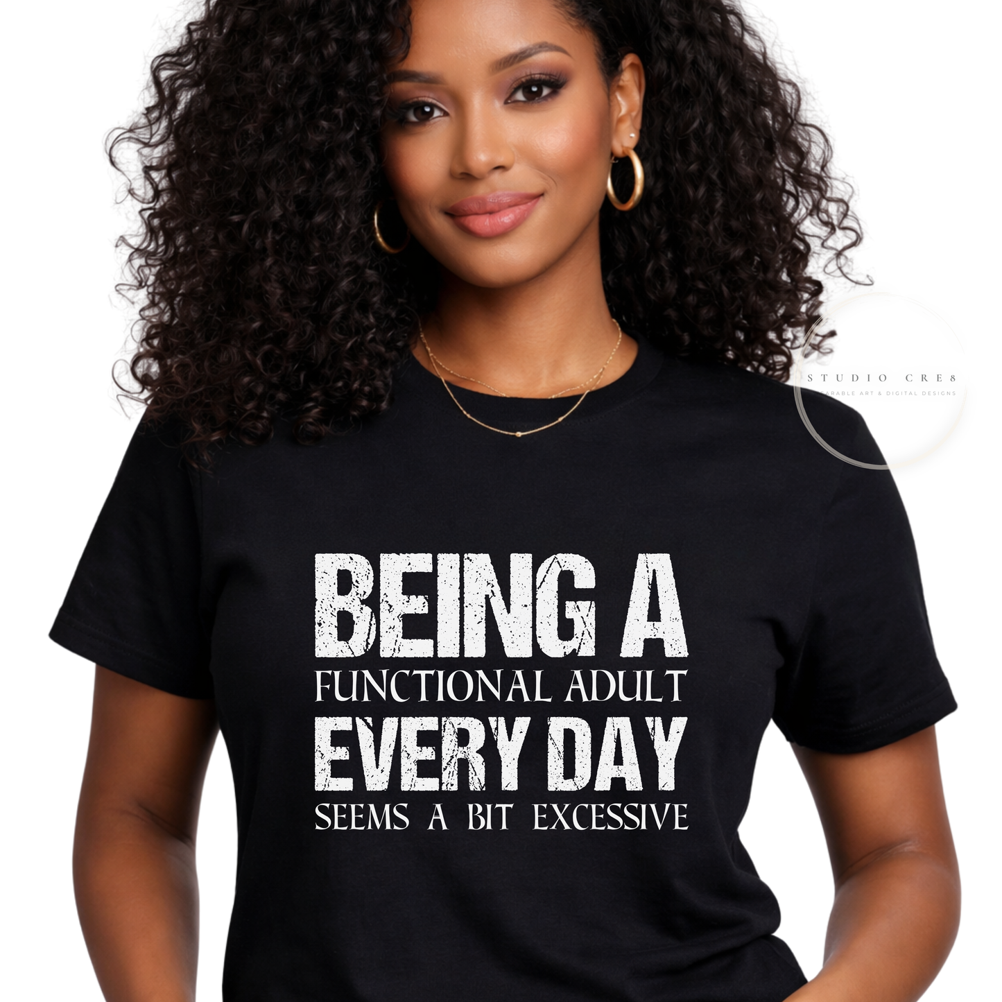 Woman wearing a black t-shirt with humorous text design on a white background