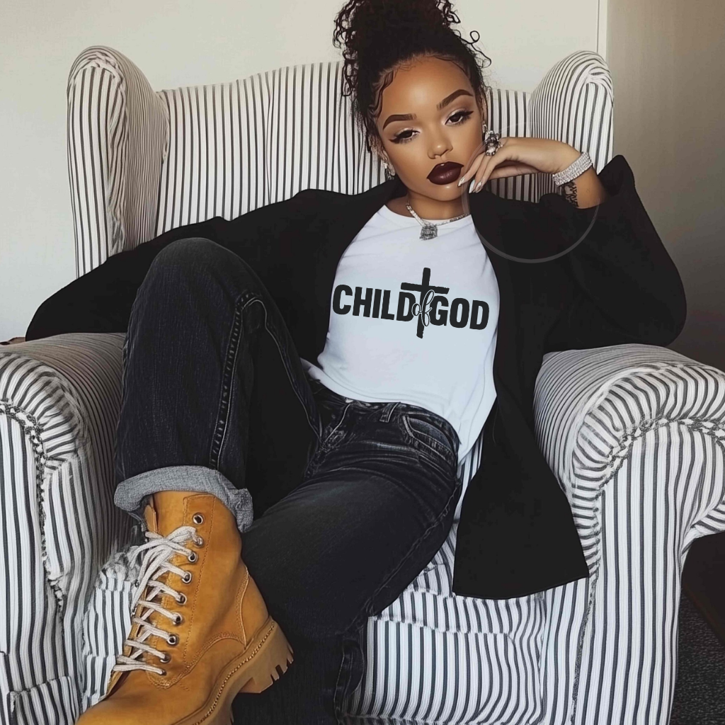 Person wearing a 'CHILD GOD' t-shirt sitting on a striped chair.