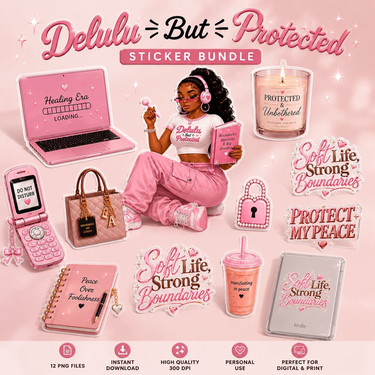 Sticker bundle with pink-themed products and text on a pink background