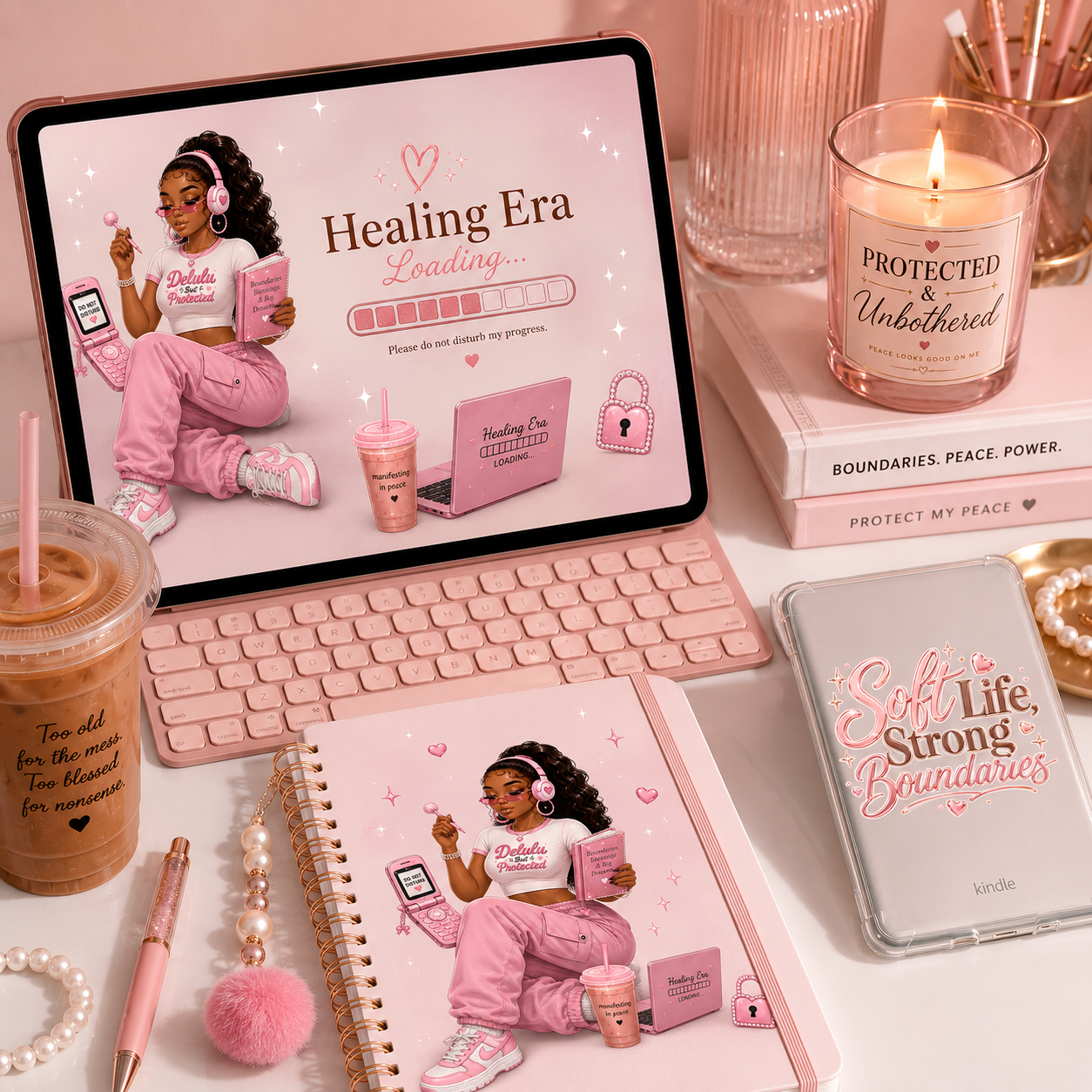 Pink-themed desk setup with tablet, keyboard, notebook, and candles.