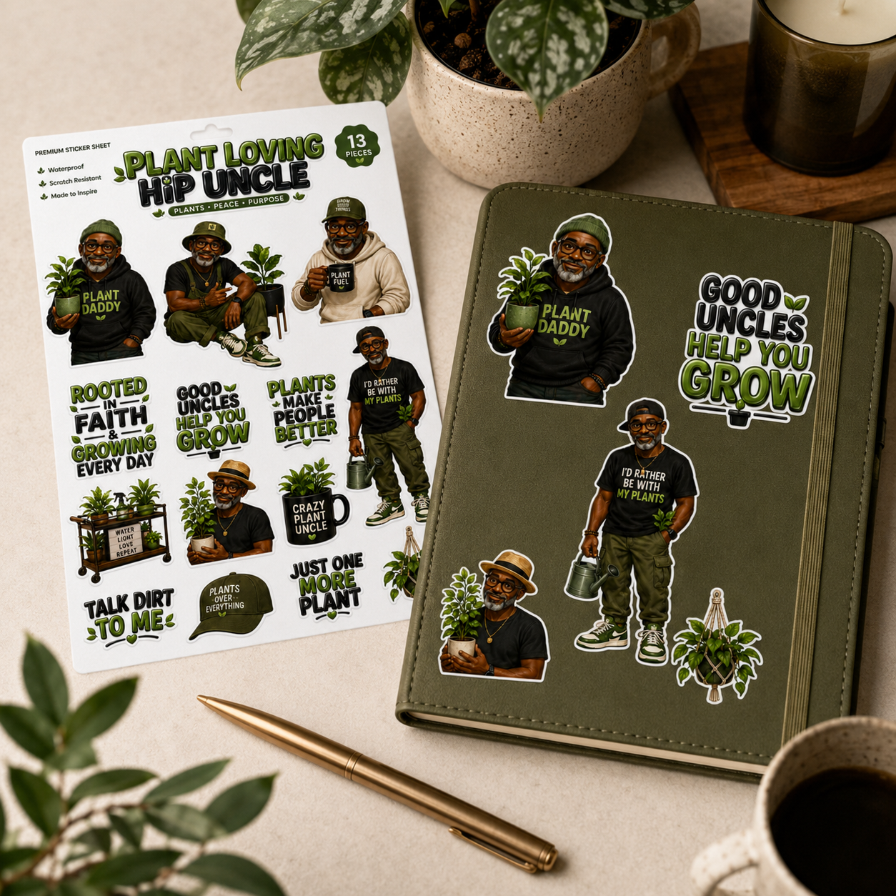 Notebook with plant-themed stickers and a sheet of additional stickers on a desk with plants and a candle.