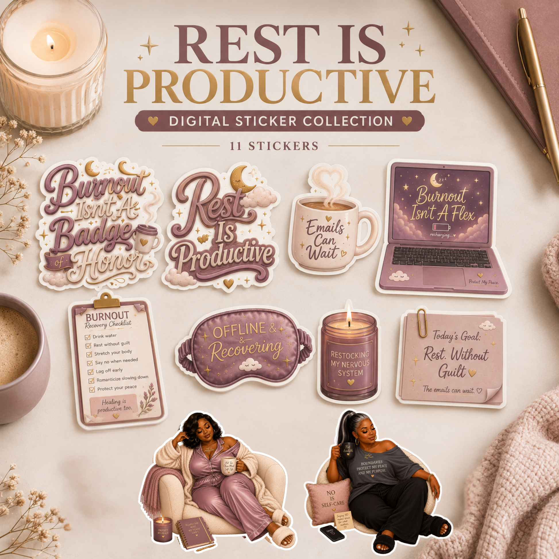 Digital sticker collection titled 'Rest Is Productive' with various stickers on a soft background.