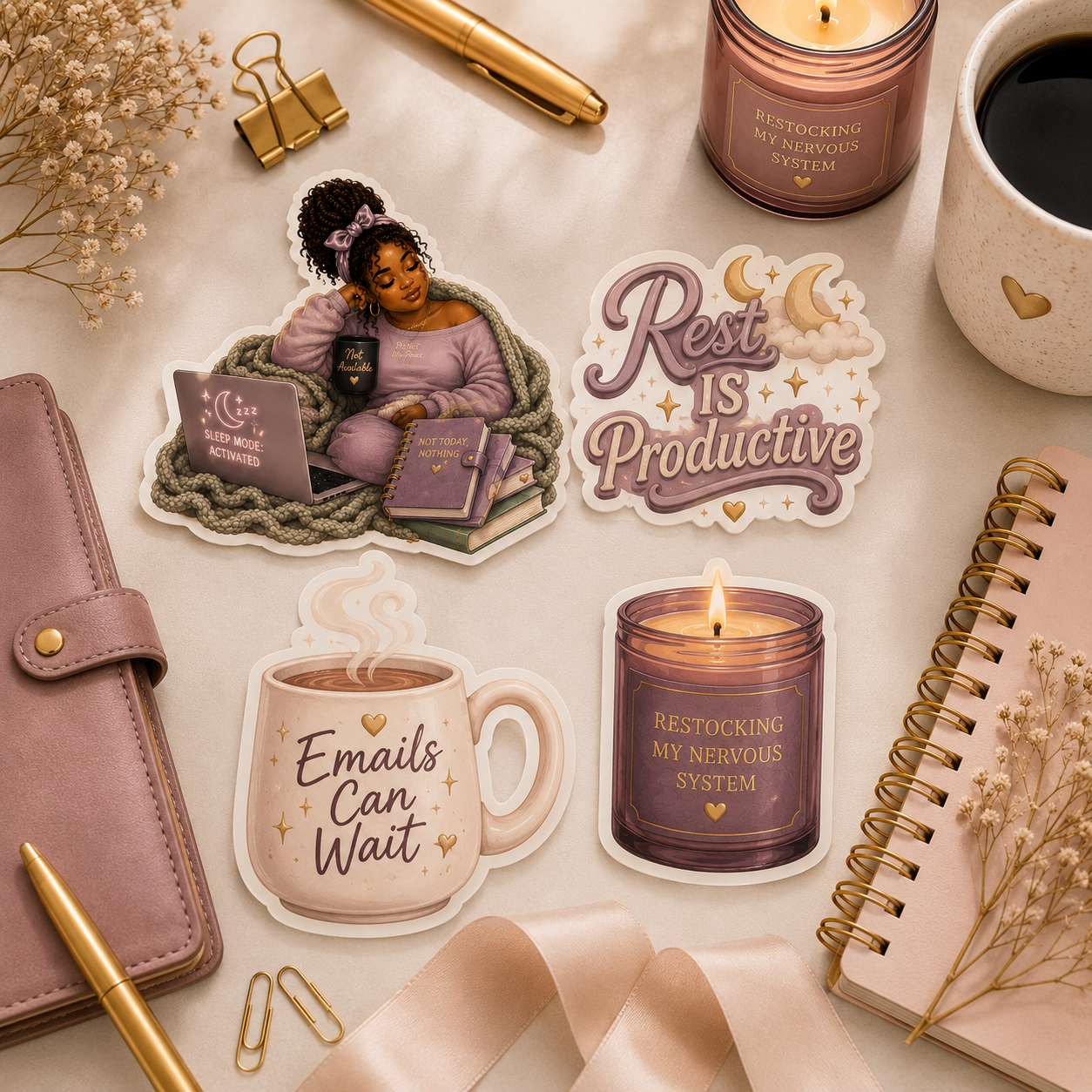 Stickers with motivational messages on a desk with a candle, coffee cup, and planner.