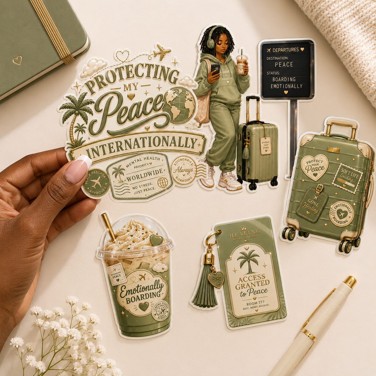 Collection of travel-themed items with green and beige design on a light surface.