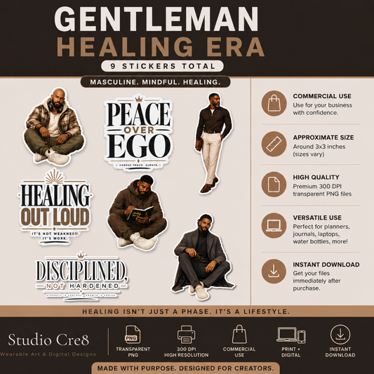 Promotional graphic for 'Gentleman Healing Era' stickers with text and images of a man.