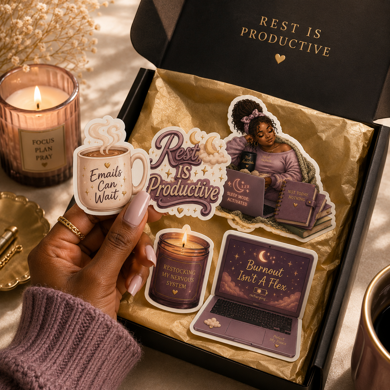 Productivity-themed stickers and a candle with 'Rest is Productive' text on a decorative setting.