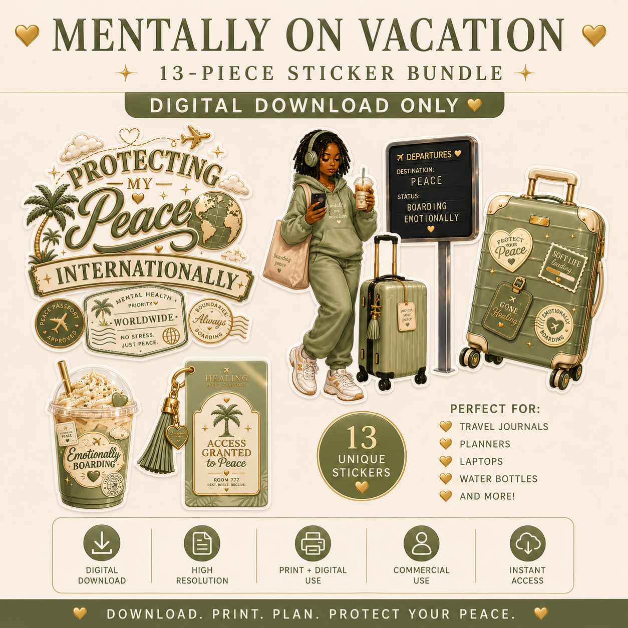 Promotional graphic for a 'Mentally on Vacation' 13-piece sticker bundle with travel-themed graphics.