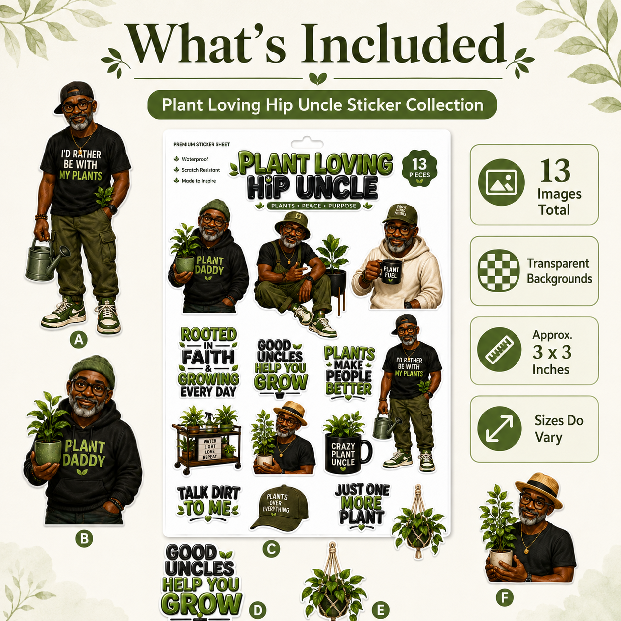 Sticker collection featuring a man with plants and text, titled 'Plant Loving Hip Uncle'.