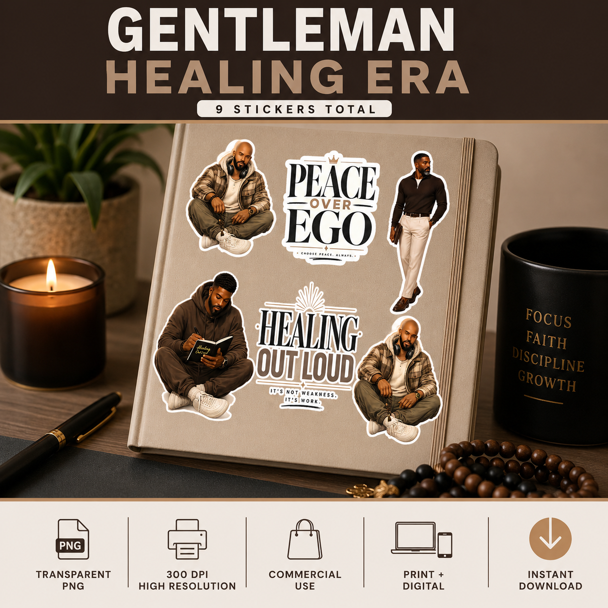 Sticker pack for 'Gentleman Healing Era' with images of a man and motivational text on a notebook.