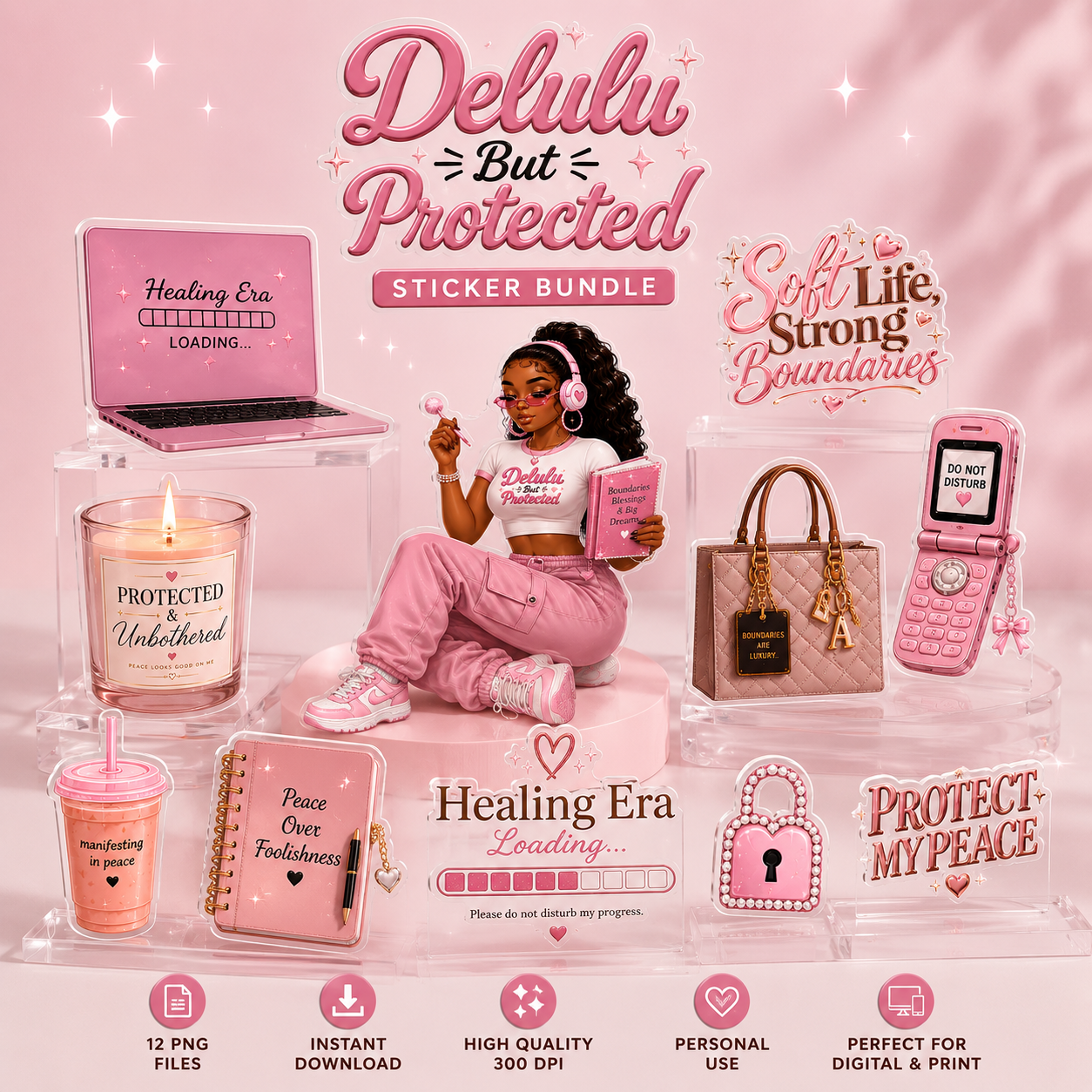 Sticker bundle with pink-themed products and text on a pink background