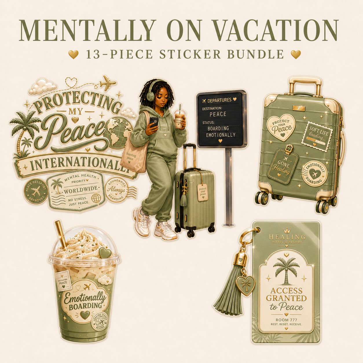 13-piece sticker bundle with travel-themed items and text on a white background