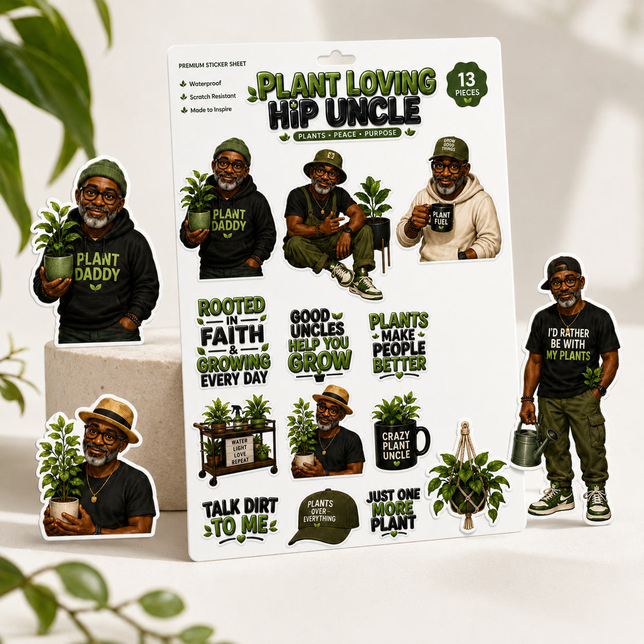Packaging of 'Plant Loving Hip Uncle' figurines with illustrations and text on a white background.