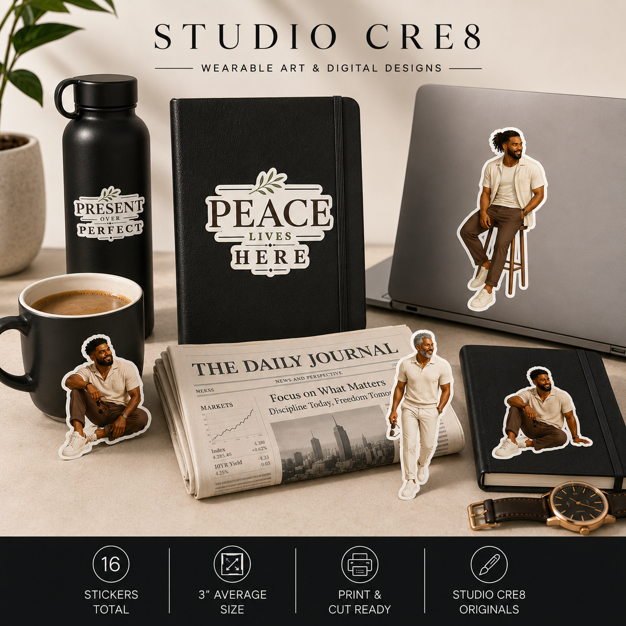 Collection of 'Peace Lives Here' merchandise including stickers, notebook, mug, and laptop on a table.