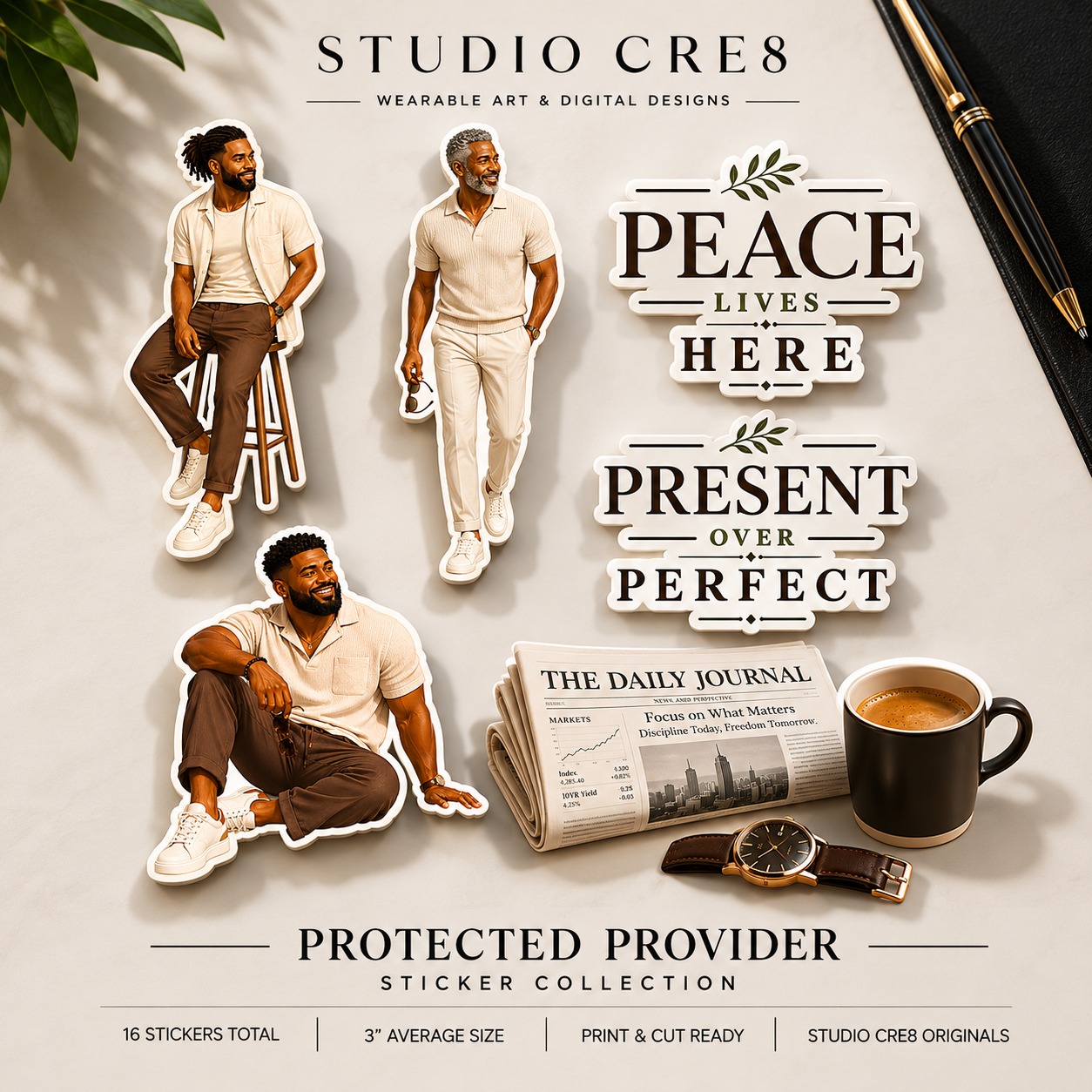 Promotional image for Studio Cre8 sticker collection with people, coffee, and text on a light background.