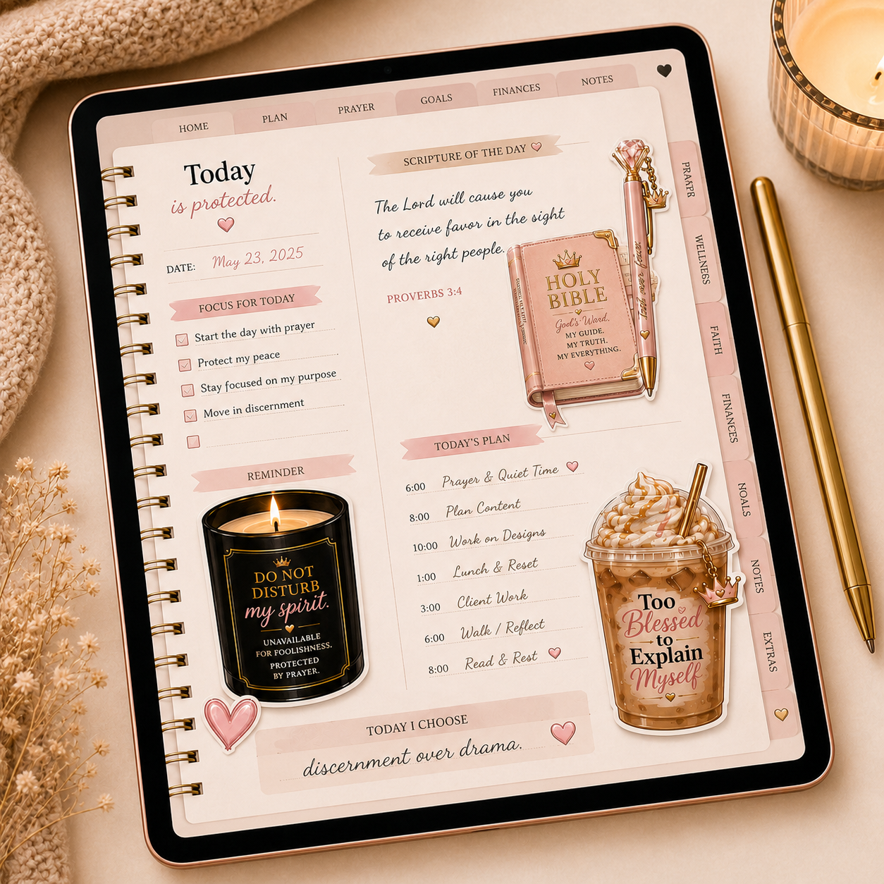Digital planner app on a tablet with a candle, coffee, and Bible illustration on a light surface.