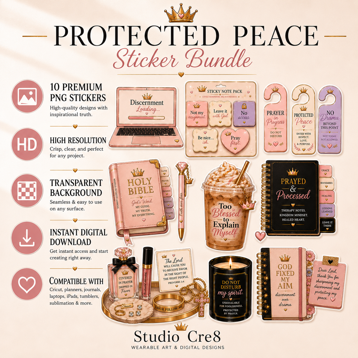 Protected Peace Sticker Bundle by Studio Cre8 with various product images on a light pink background.