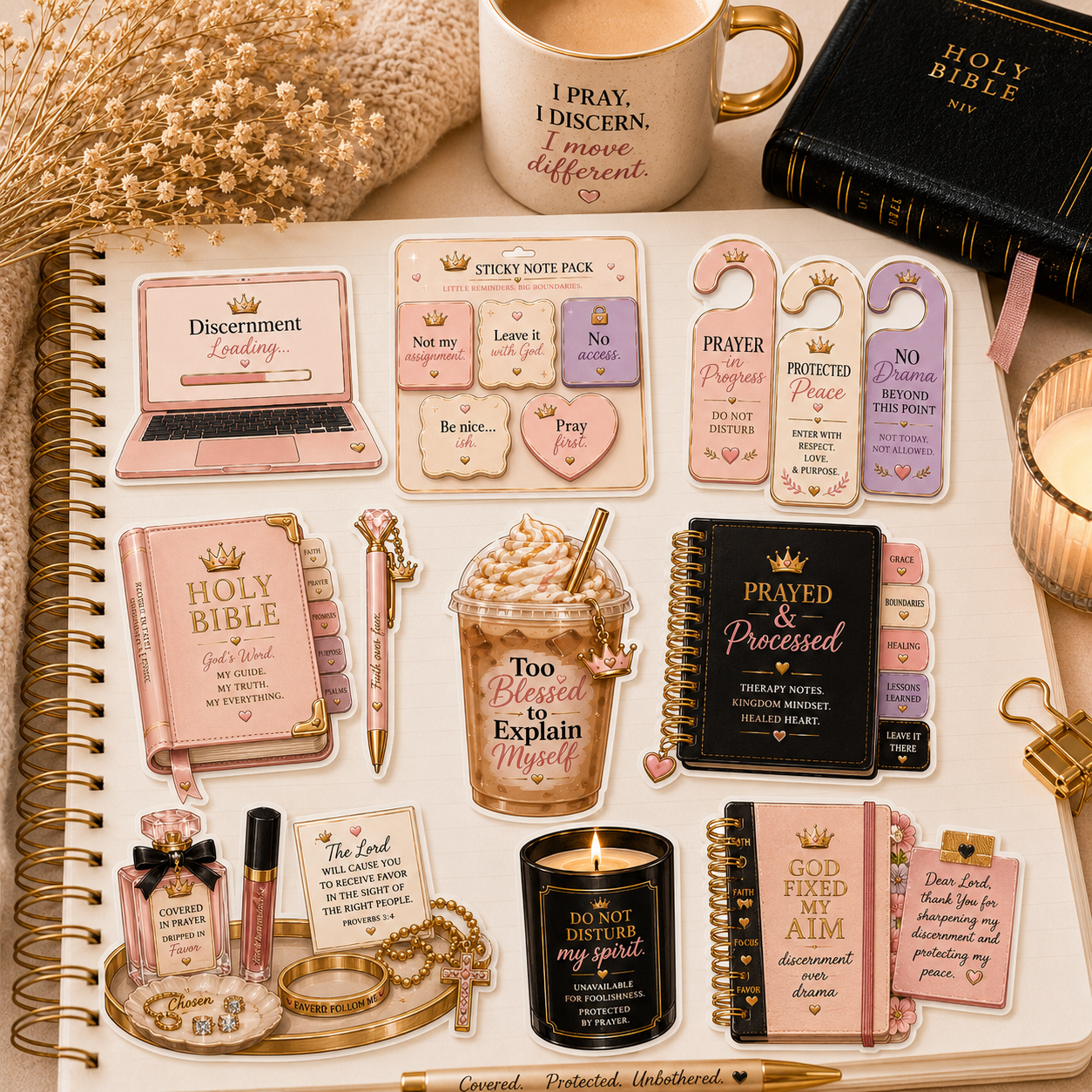 Collection of stationery items including a notebook, coffee cup, and decorative elements on a table.