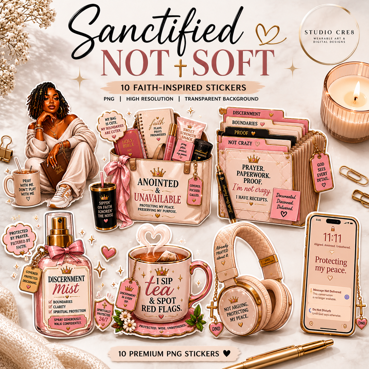 Packaging of 'Sanctified Not Soft' stickers with various items and text on a decorative background.