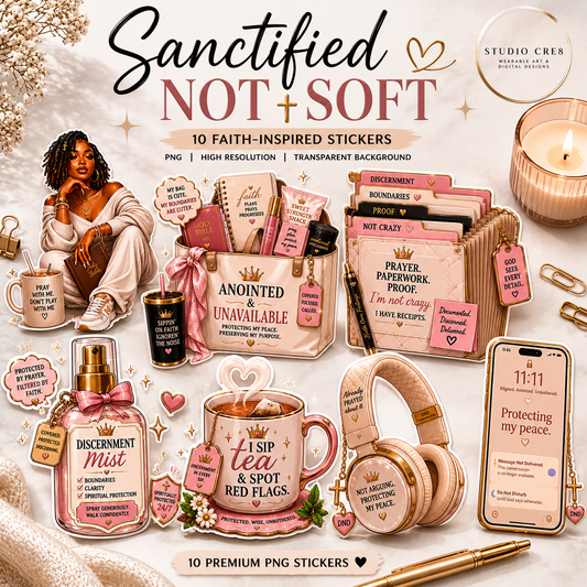 Packaging of 'Sanctified Not Soft' stickers with various items and text on a decorative background.