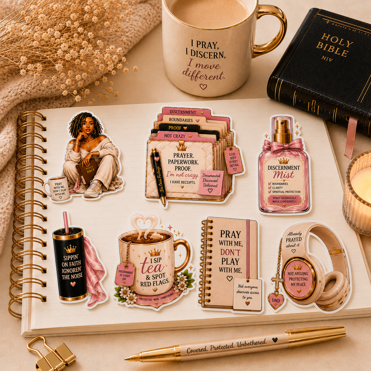 Notebook with decorative stickers on a table with a mug, Bible, and candle.