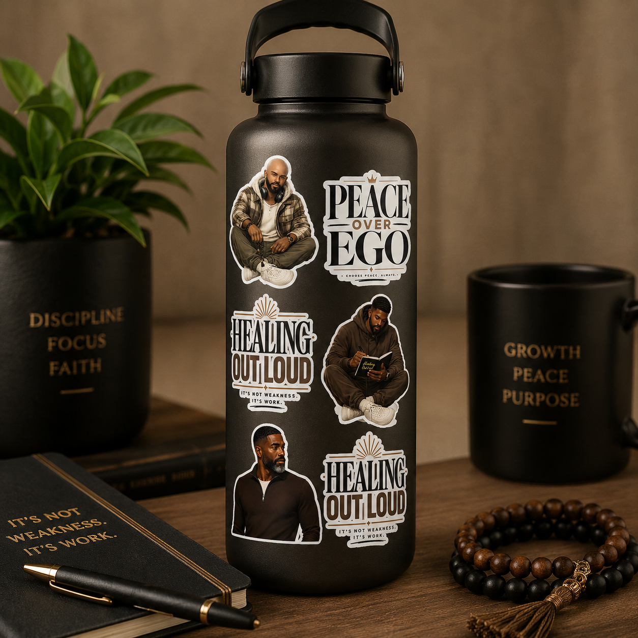 Black water bottle with motivational text and images on a wooden surface with a plant, mug, and notebook.