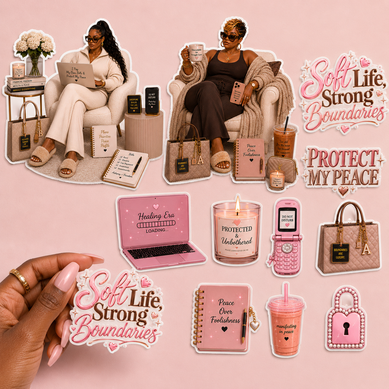 Collage of pink-themed products and lifestyle images with text on a pink background