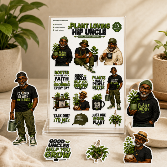 Sticker sheet with 'Plant Loving Hip Uncle' design featuring a man with plants and motivational quotes.